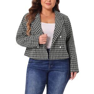 Plus Size Plaid Tweed Blazers Lapel Office Crop Jacket Black